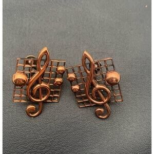 Vintage Renoir Copper Earrings Signed Jewelry Musical Notes Theme Screw Back